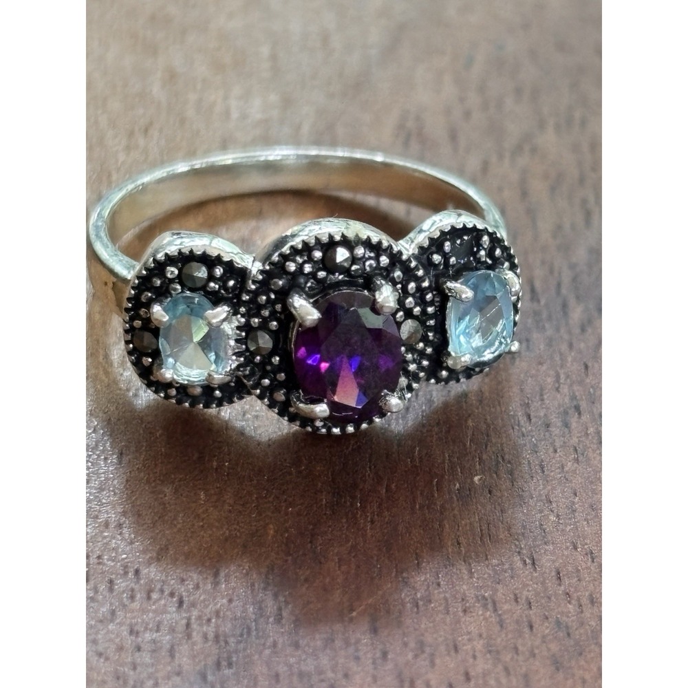 Sterling Silver Blue Topaz And Amethyst Three Stone Ring Size 9